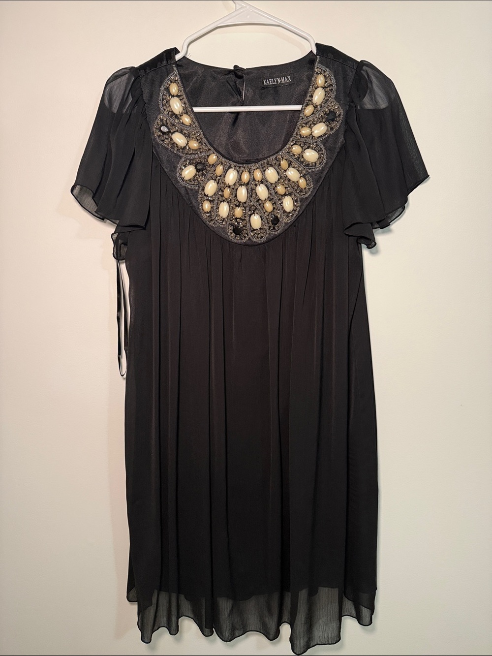 Kaeley N Max Black Embellished Neckline Chiffon Women's Top